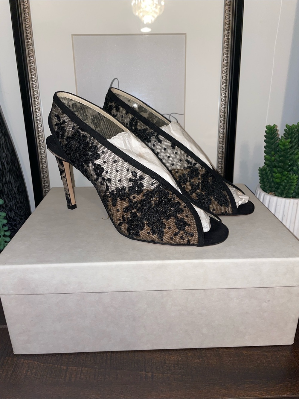 Jimmy Choo Shar 85 Black Floral Lace Peep-Toe Heels Size US 9 / EU 39 MSRP $1200